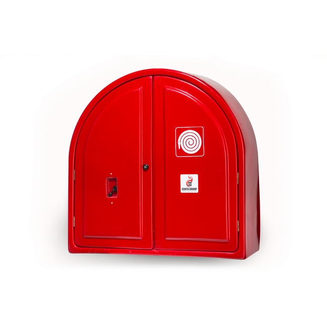 Supplywise fire hose reel cabinet similar to the Safety & Fire red fibreglass fire hose reel cabinet with double doors and open back.
