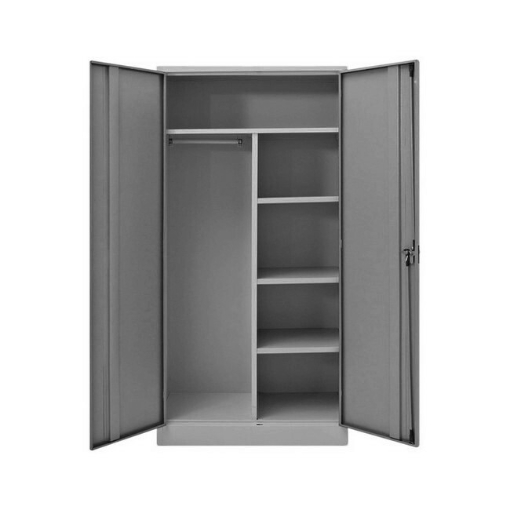 Supplywise steel wardrobe similar to the Castor And Ladder hammertone grey steel wardrobe with 2 doors and 5 shelves.