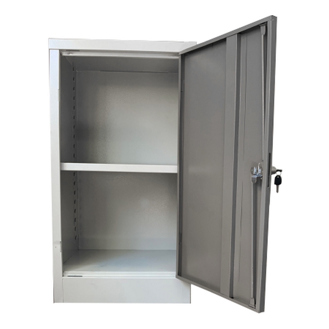 Supplywise steel stationery cupboard similar to the Builders Warehouse grey steel stationery cupboard with 1 adjustable shelf and door.