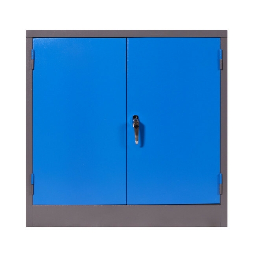 Supplywise steel stationery cupboard similar to the Chamberlains grey and blue steel stationery cupboard with 2 shelves and doors.