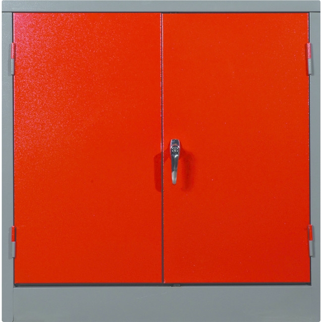 Supplywise steel stationery cupboard similar to the Sa Ladder grey and red steel stationery cupboard with 2 shelves and doors.