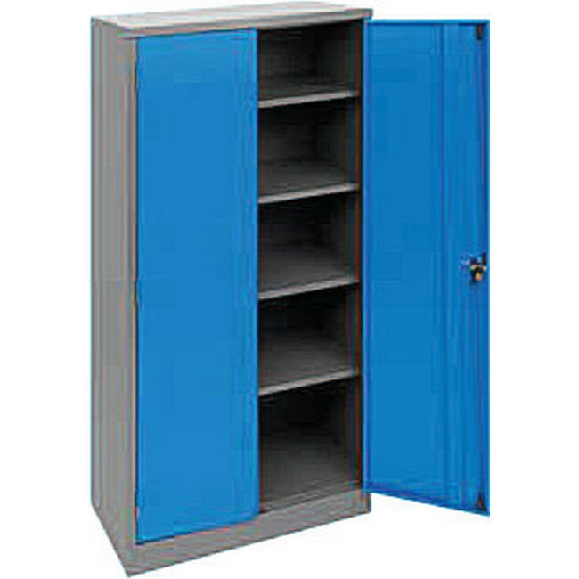 Supply Wise steel stationery cupboard similar to the Builders Warehouse grey and blue steel stationery cupboard with 4 shelves and 2 doors.