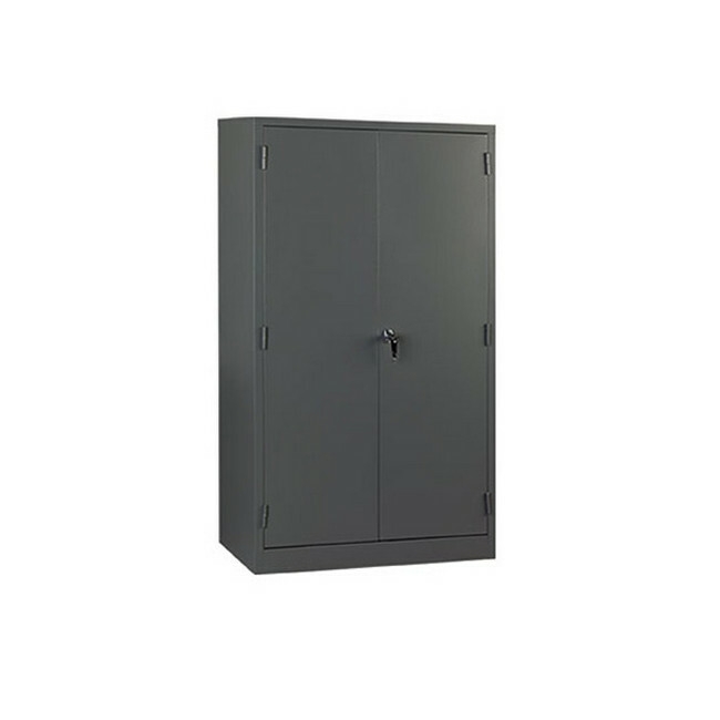 Supplywise steel stationery cupboard similar to the Trojan Trolley hammertone grey steel stationery cupboard with 4 shelves and 2 doors.