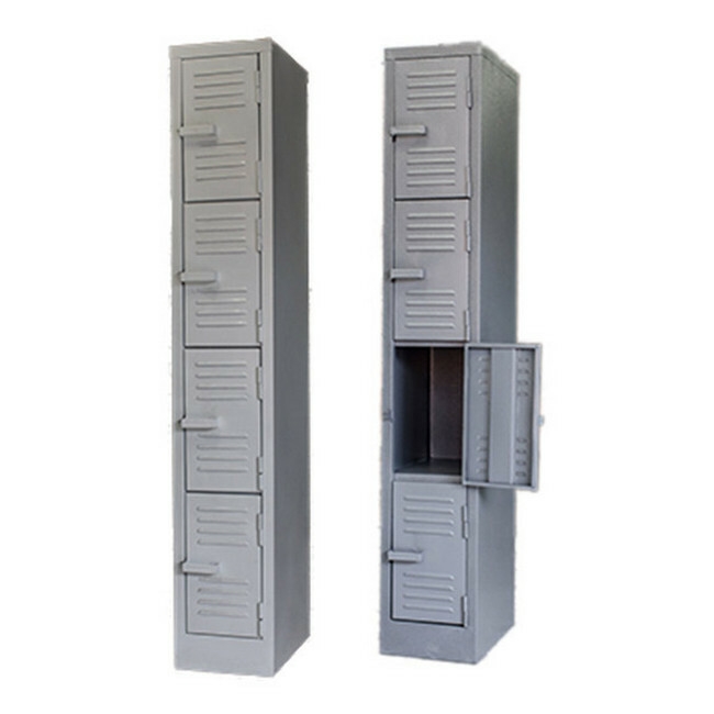 Supplywise 4 tier steel locker similar to the Castor And Ladder hammertone grey 4-tier steel locker with four doors, 180x30x45 cm.