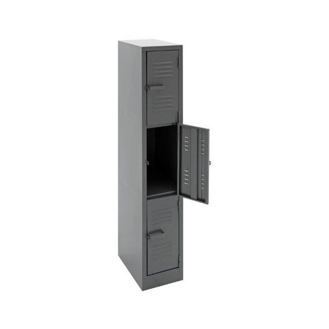 Supplywise 3 door steel lockers similar to the Builders Warehouse hammertone grey 3-tier steel locker with three doors, 180x30x45 cm.