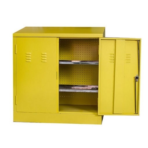 Supplywise chemical storage cabinet similar to the Game yellow steel hazardous material cabinet with 2 shelves and doors.