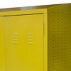 Supplywise's chemical storage cabinet similar to the Sa Ladder yellow steel hazardous material cabinet with 4 shelves and 2 doors.