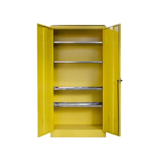 Supplywise chemical storage cabinet similar to the Sa Ladder yellow steel hazardous material cabinet with 4 shelves and 2 doors.