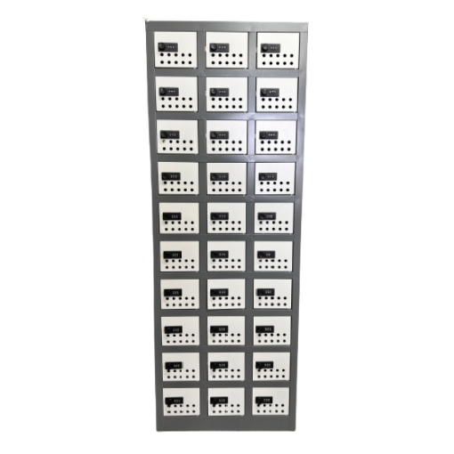 Supplywise cell phone locker similar to the Trojan Trolley hammertone grey steel cell phone locker with 30 compartments.