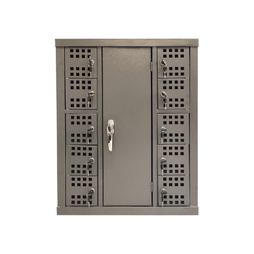 Supplywise cell phone locker similar to the Chamberlains hammertone grey metal cell phone charge station locker with 10 compartments.