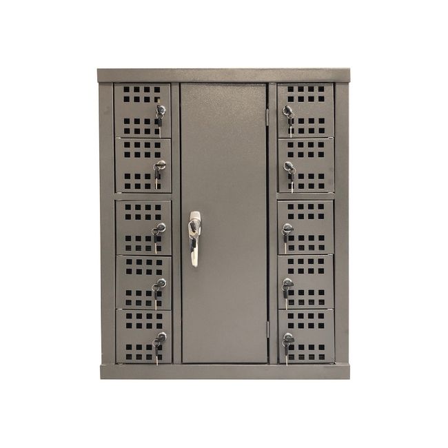 Supplywise cell phone locker similar to the Chamberlains hammertone grey metal cell phone charge station locker with 10 compartments.