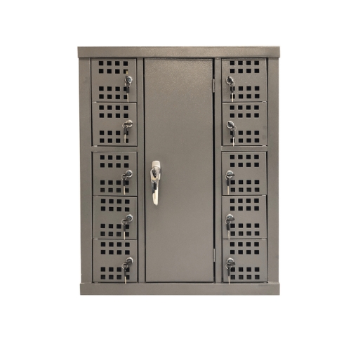 Supplywise cell phone locker similar to the Cashbuild metal cell phone charge station locker with 10 compartments.