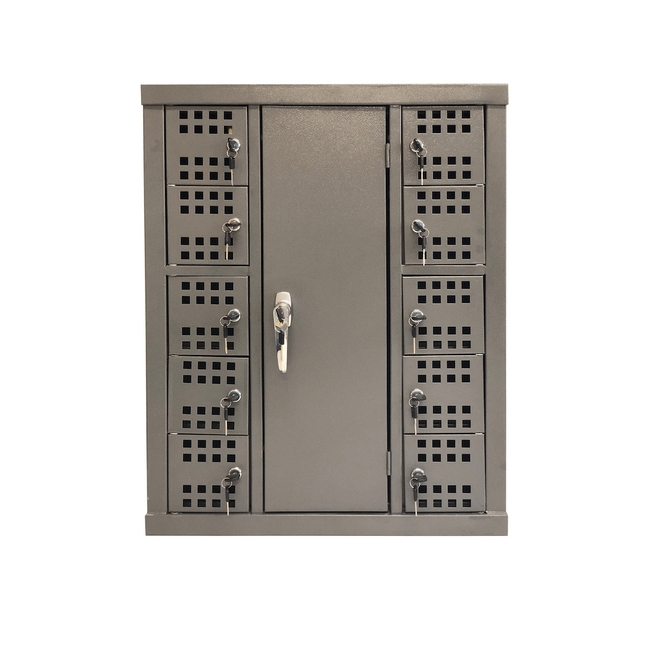 Supplywise cell phone locker similar to the Cashbuild metal cell phone charge station locker with 10 compartments.