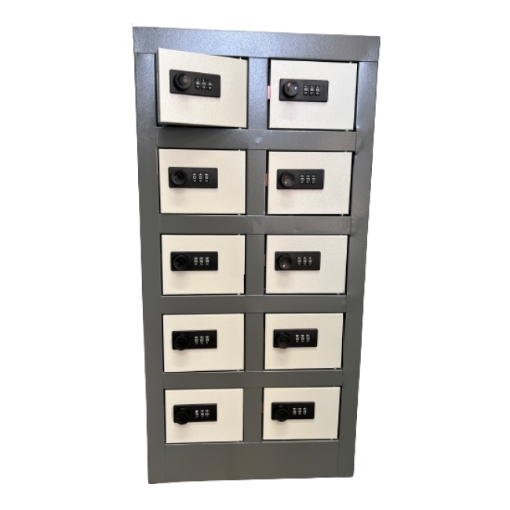 Supplywise cell phone locker similar to the Mica hammertone grey steel cell phone locker with 10 compartments.