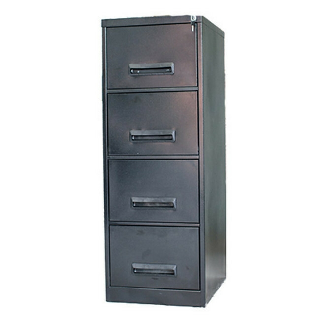 Supplywise 4 drawer steel filing cabinet similar to the Game hammertone grey 4-drawer steel filing cabinet with lock.