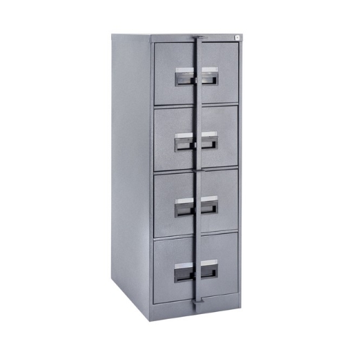 Supplywise 4 drawer steel filing cabinet similar to the Caslad hammertone grey 4-drawer steel filing cabinet with lock.