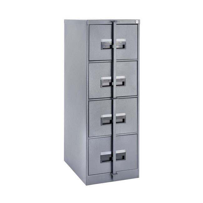 Supplywise 4 drawer steel filing cabinet similar to the Caslad hammertone grey 4-drawer steel filing cabinet with lock.