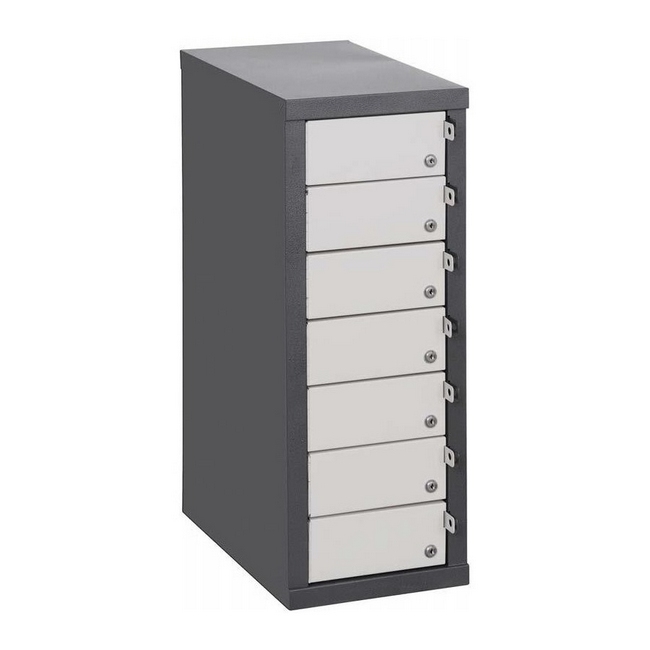 Supplywise tablet locker similar to the Makro steel tablet locker with 7 compartments in hammertone grey.