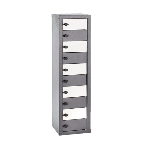 Supplywise tablet locker similar to the Builders Warehouse grey steel tablet locker with 10 compartments and latch locks.