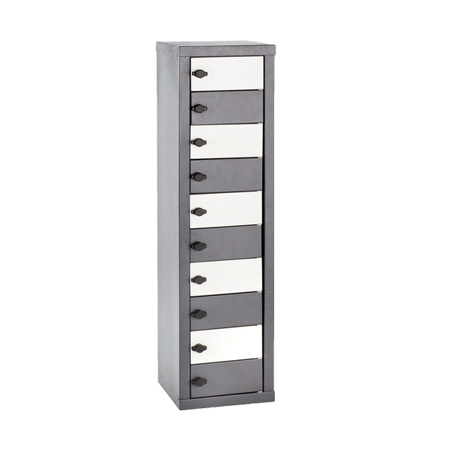 Supplywise tablet locker similar to the Builders Warehouse grey steel tablet locker with 10 compartments and latch locks.