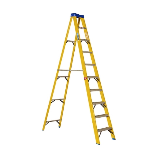 Supplywise step ladder similar to the Chamberlains yellow single-sided fibreglass step ladder with 16 steps, 4.8m.