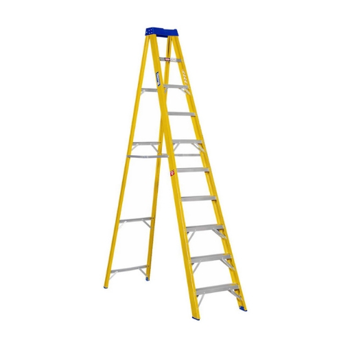 Supplywise step ladder similar to the Castor and Ladder 10-step single-sided fibreglass ladder, 3.0m height, yellow.