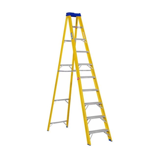 Supplywise step ladder similar to the Castor and Ladder 10-step single-sided fibreglass ladder, 3.0m height, yellow.