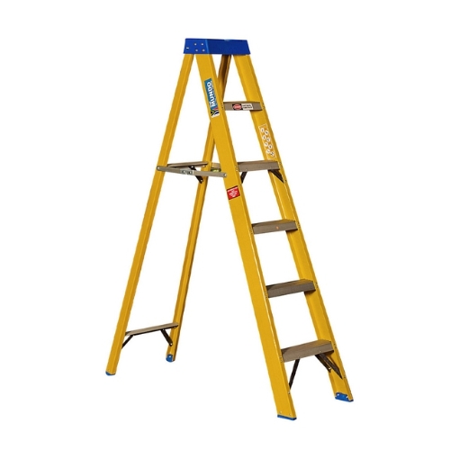 Supplywise step ladder similar to the Buco yellow single-sided fibreglass step ladder with 4 steps, 1.2m.