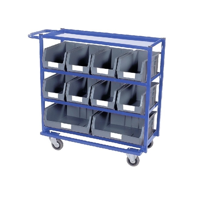 Supplywise steel trolley similar to the Mica steel frame trolley with grey bins for storage and mobility.