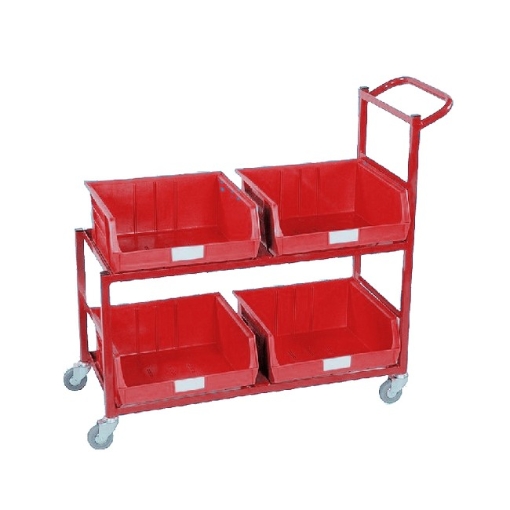 Supplywise steel trolley similar to the Adendorff steel frame trolley with 4 red plastic bins for easy storage.