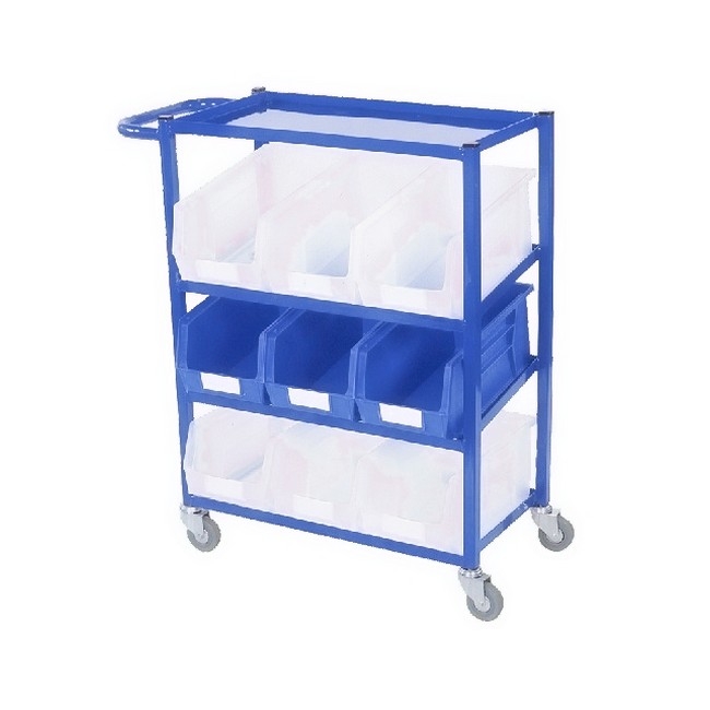 Supplywise steel trolley similar to the Castor and Ladder steel frame trolley with 9 clear and red plastic bins for storage.