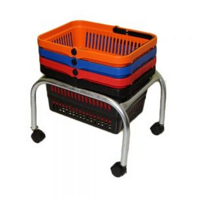 Supplywise shopping basket stand similar to the Builders Warehouse mobile steel shopping basket stand with wheels for retail use.