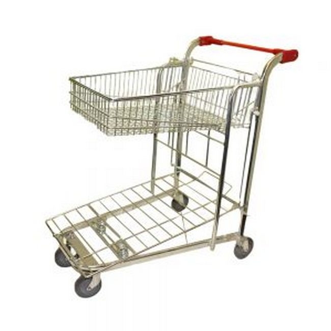 Supplywise steel shopping trolley similar to the Trojan Trolley silver steel shopping trolley with full basket and wheels.