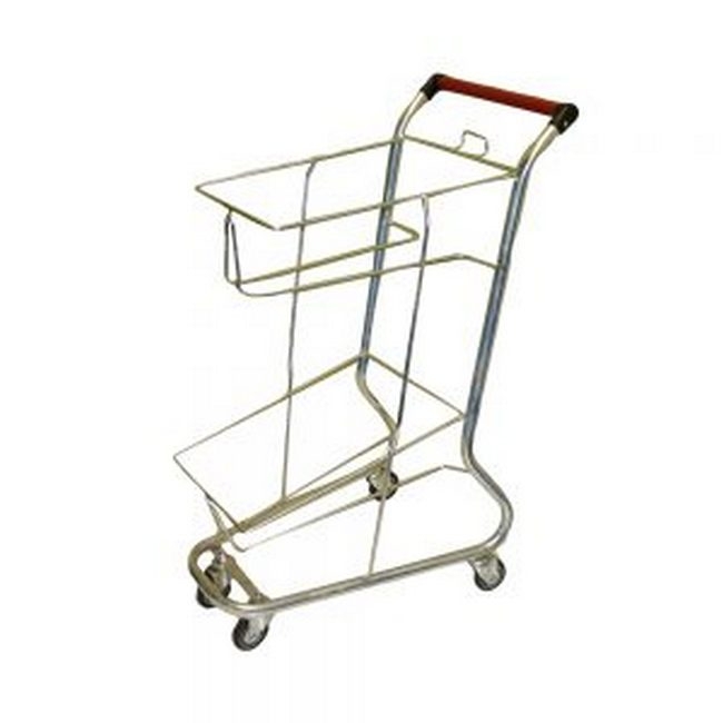 Supplywise shopping basket trolley similar to the Makro jumbo steel shopping basket trolley with double baskets in silver.