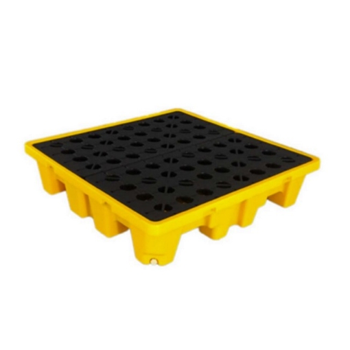 Supplywise polyurethane drum spill deck similar to the Mica yellow polyurethane drum spill deck, 130x130x30cm, holds 4 drums.