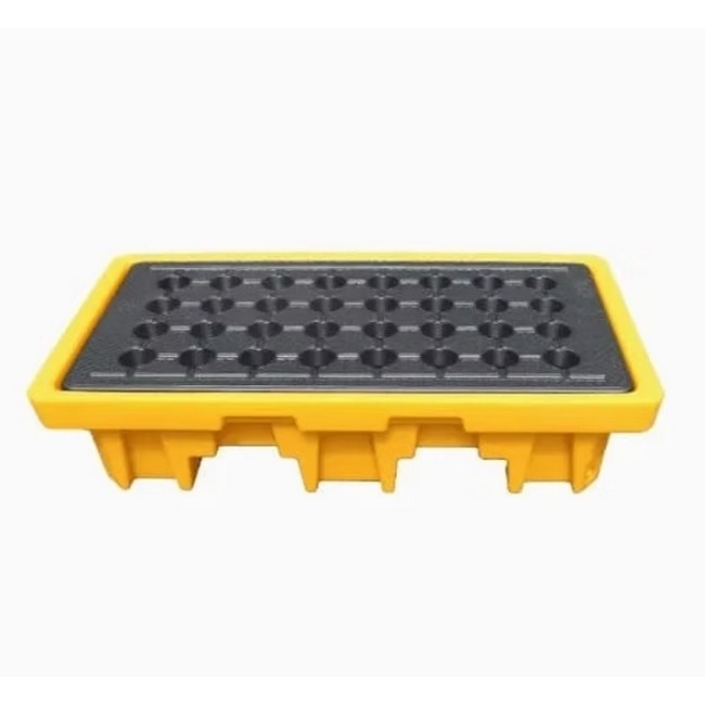 Supplywise plastic drum spill containment pallet similar to the Linvar black and yellow plastic drum spill pallet for 2 drums, 130x68x30cm.