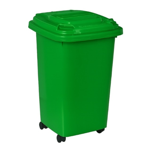 Supplywise 50L green wheelie bin similar to the Cashbuild 50l green plastic wheelie bin with lid and wheels for outdoor use.