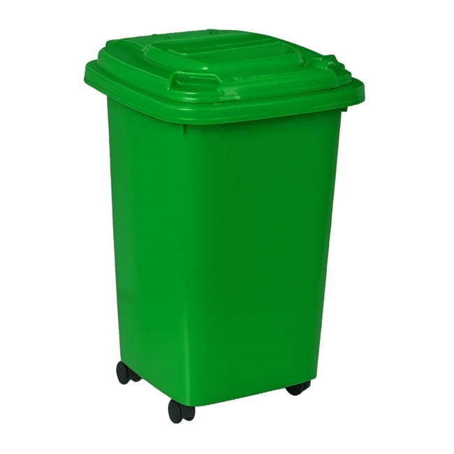 Supplywise 50L green wheelie bin similar to the Cashbuild 50l green plastic wheelie bin with lid and wheels for outdoor use.
