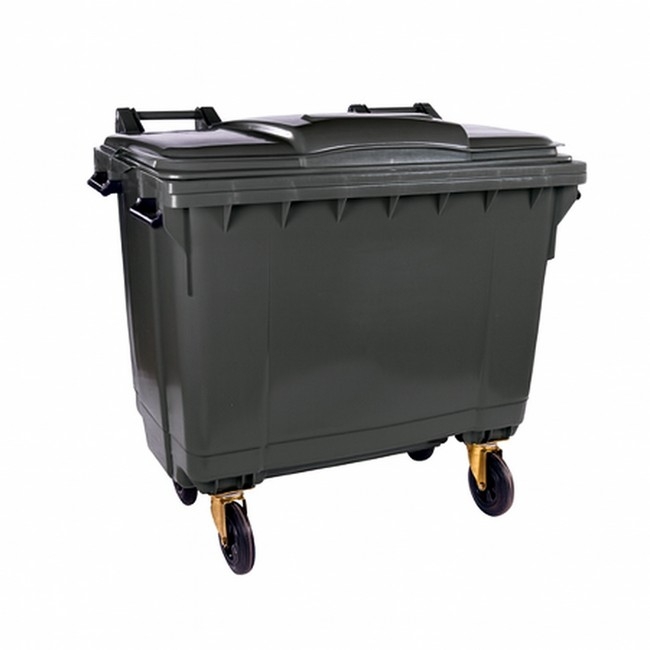 Supplywise 1100L industrial wheelie bin similar to the Adendorff black 1100l plastic wheelie bin with 4 wheels and hinged lid.
