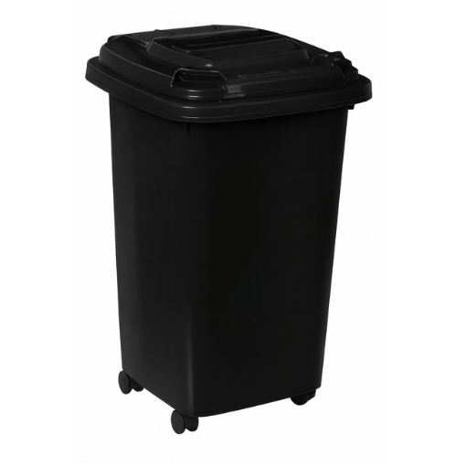 Supplywise 50L black wheelie bin similar to the Buco 50l black plastic wheelie bin with 4 wheels and integrated lid.