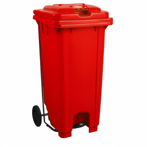 Supplywise 120L foot pedal bin similar to the Linvar red 120l foot-operated plastic wheelie bin with lid and wheels.