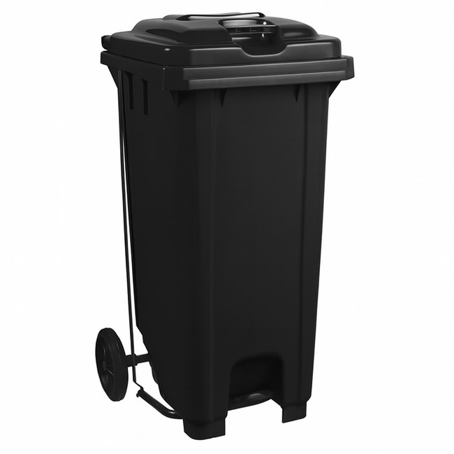 Supplywise 120L foot pedal bin similar to the Sa Ladder black 120l foot-operated pedal bin with wheels for indoor/outdoor use.