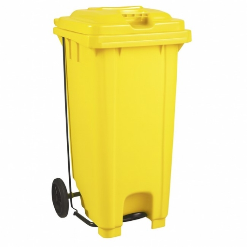 Supplywise 120L foot pedal bin similar to the Chamberlains yellow 120l foot-operated pedal bin with wheels for indoor/outdoor use.