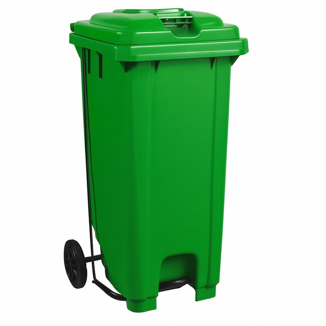 Supplywise 120L foot pedal bin similar to the Cashbuild green 120l foot-operated wheelie bin with lid and rubber wheels.