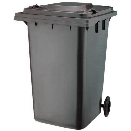 Supplywise 360L black wheelie bin similar to the Adendorff black 360l wheelie bin with lid and two rubber wheels for outdoor use.