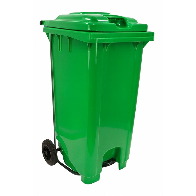 Supplywise 240L foot pedal bin similar to the Builders Warehouse green 240l foot-operated pedal bin with wheels for indoor/outdoor use.