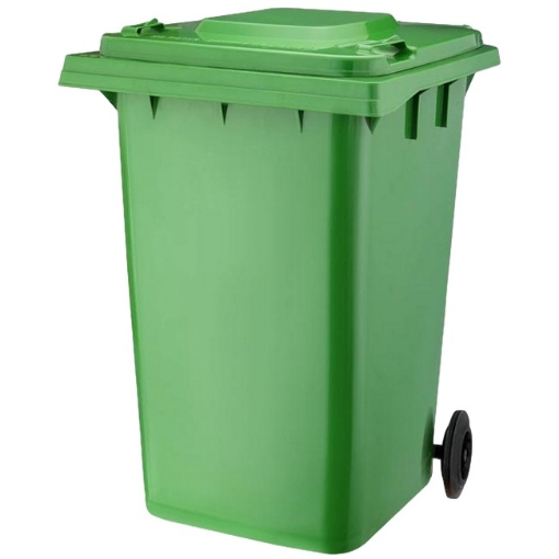 Supplywise 360L green wheelie bin similar to the Mica green 360l plastic wheelie bin with lid and two rubber wheels.