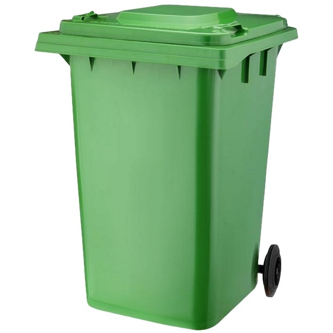 Supplywise 360L green wheelie bin similar to the Mica green 360l plastic wheelie bin with lid and two rubber wheels.
