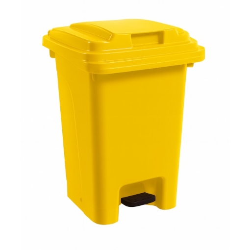 Supplywise Yellow plastic pedal bin similar to the Chamberlains yellow 60l foot-operated plastic pedal bin for hygienic waste disposal.