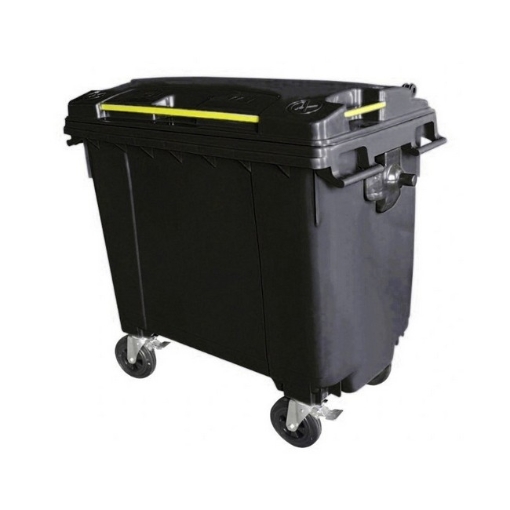 Supplywise 660L plastic wheelie bin similar to the Castor And Ladder black 660l plastic wheelie bin with 4 wheels and hinged lid.